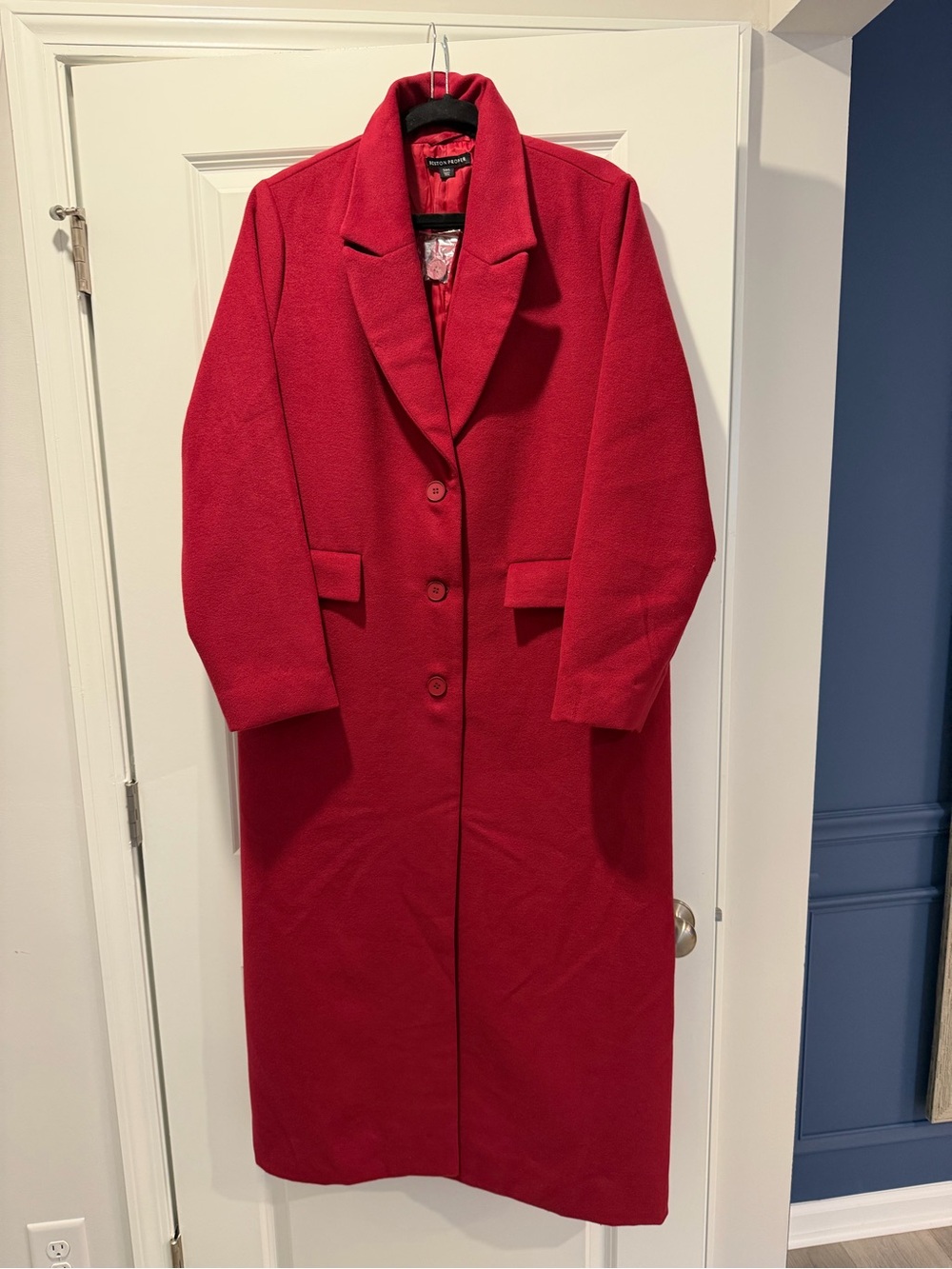 Boston Proper Red Lined Faux Wool Maxi Coat with Spare Button